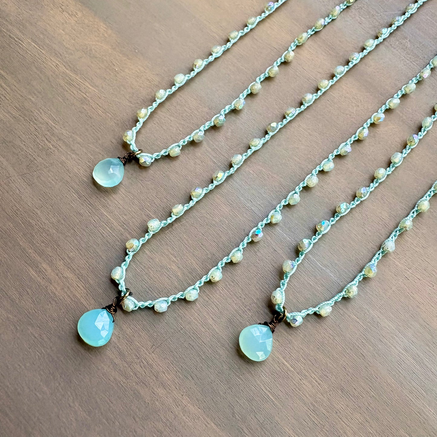 Dainty Chalcedony Drop Crocheted Beach Layering Necklace