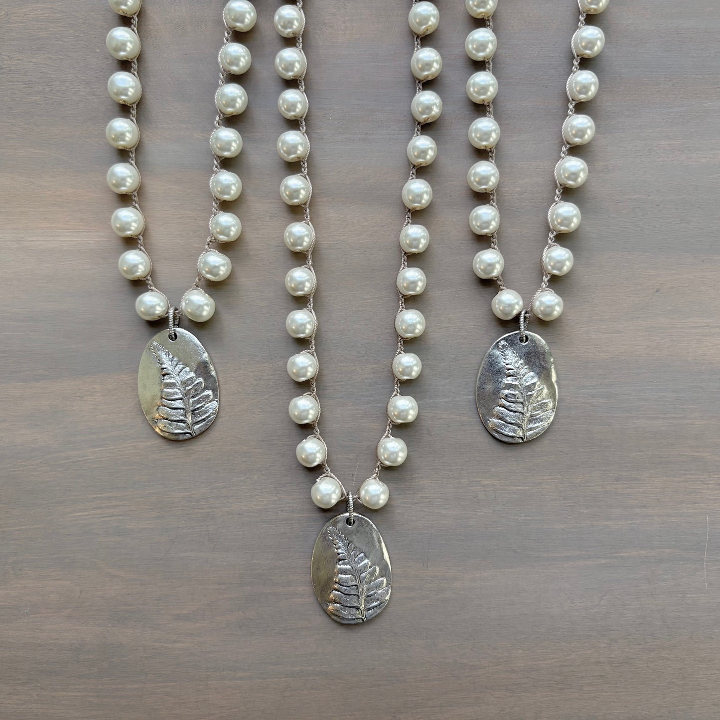 Silver Fern Leaf Botanical Pendant Necklace And Crocheted Glass Pearls