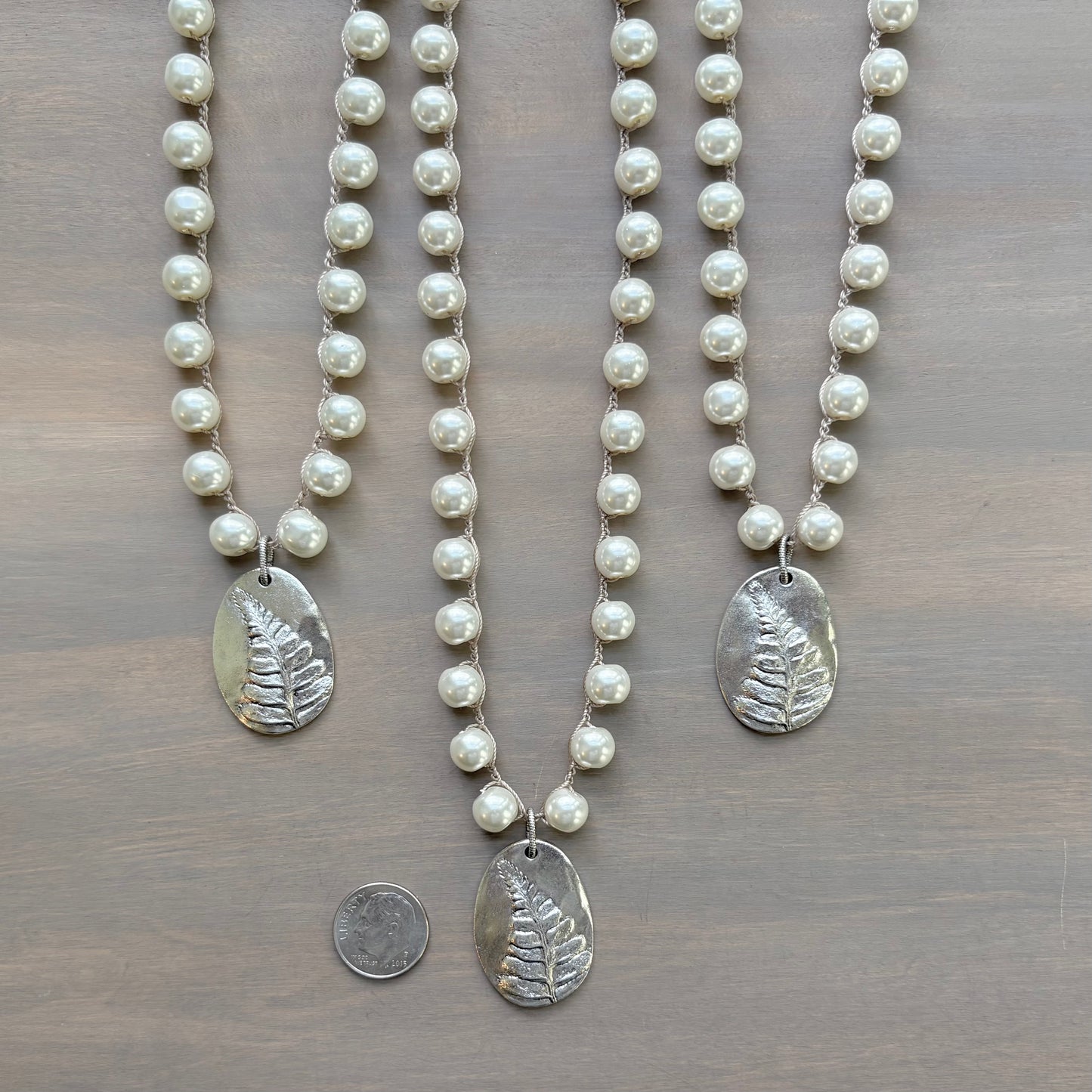 Silver Fern Leaf Botanical Pendant Necklace And Crocheted Glass Pearls