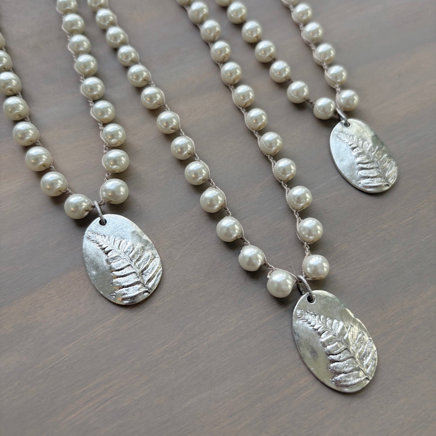 Silver Fern Leaf Botanical Pendant Necklace And Crocheted Glass Pearls