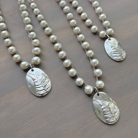 Silver Fern Leaf Botanical Pendant Necklace And Crocheted Glass Pearls