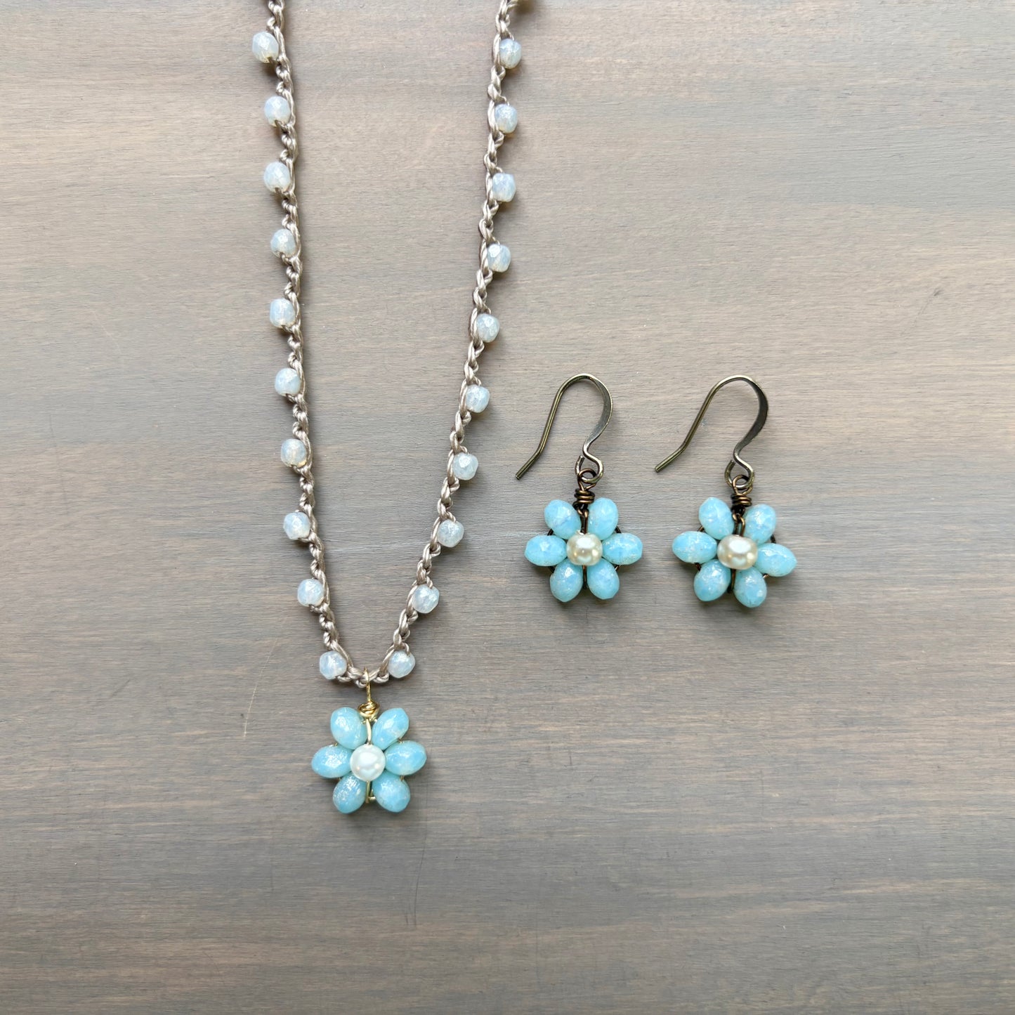 Blue Opal Beach Bloom Flower Crocheted Necklace