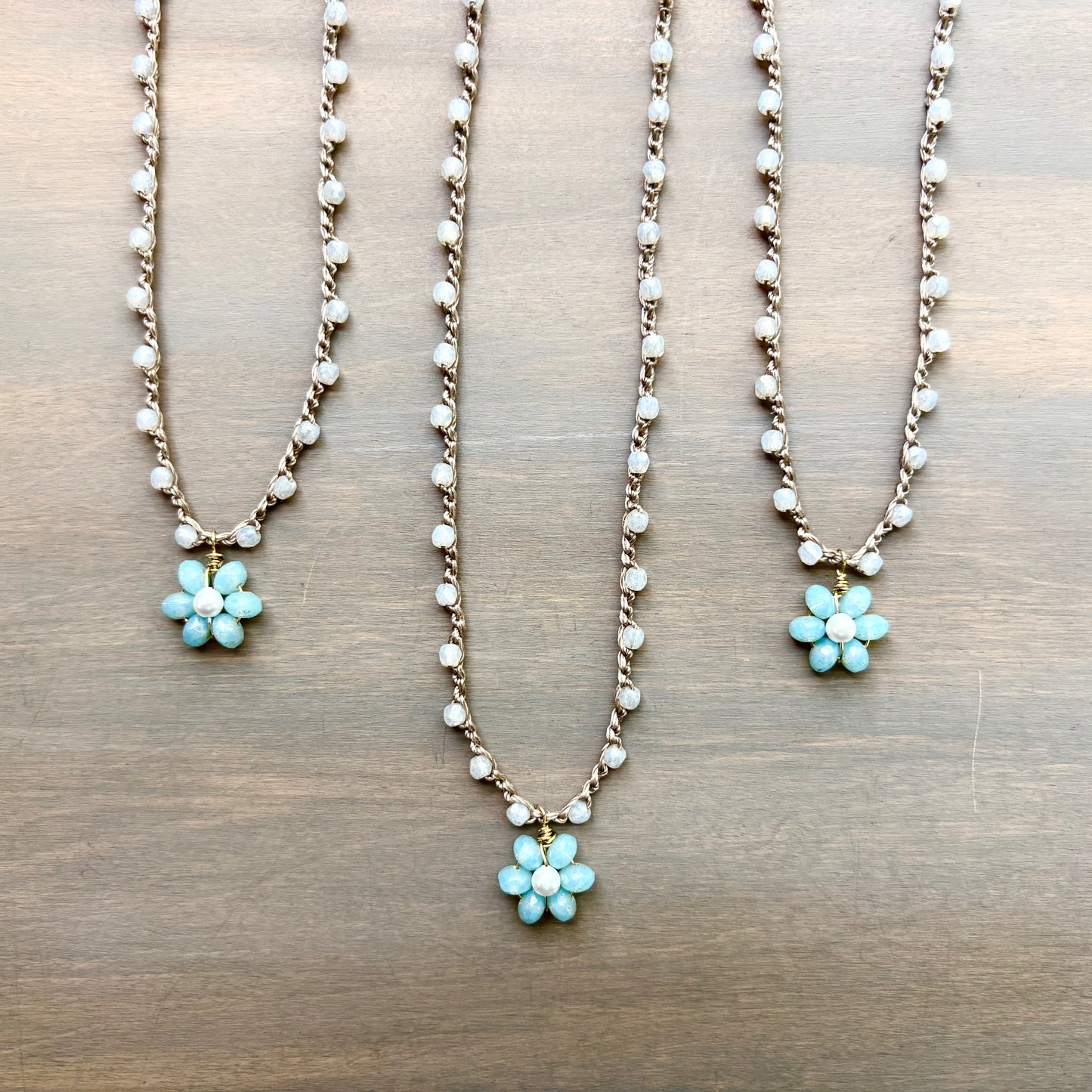 Blue Opal Beach Bloom Flower Crocheted Necklace