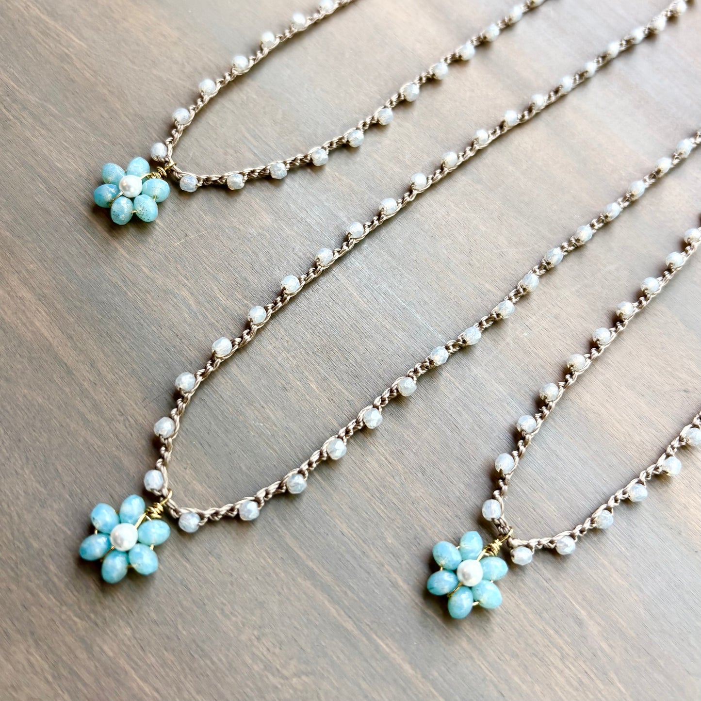 Blue Opal Beach Bloom Flower Crocheted Necklace