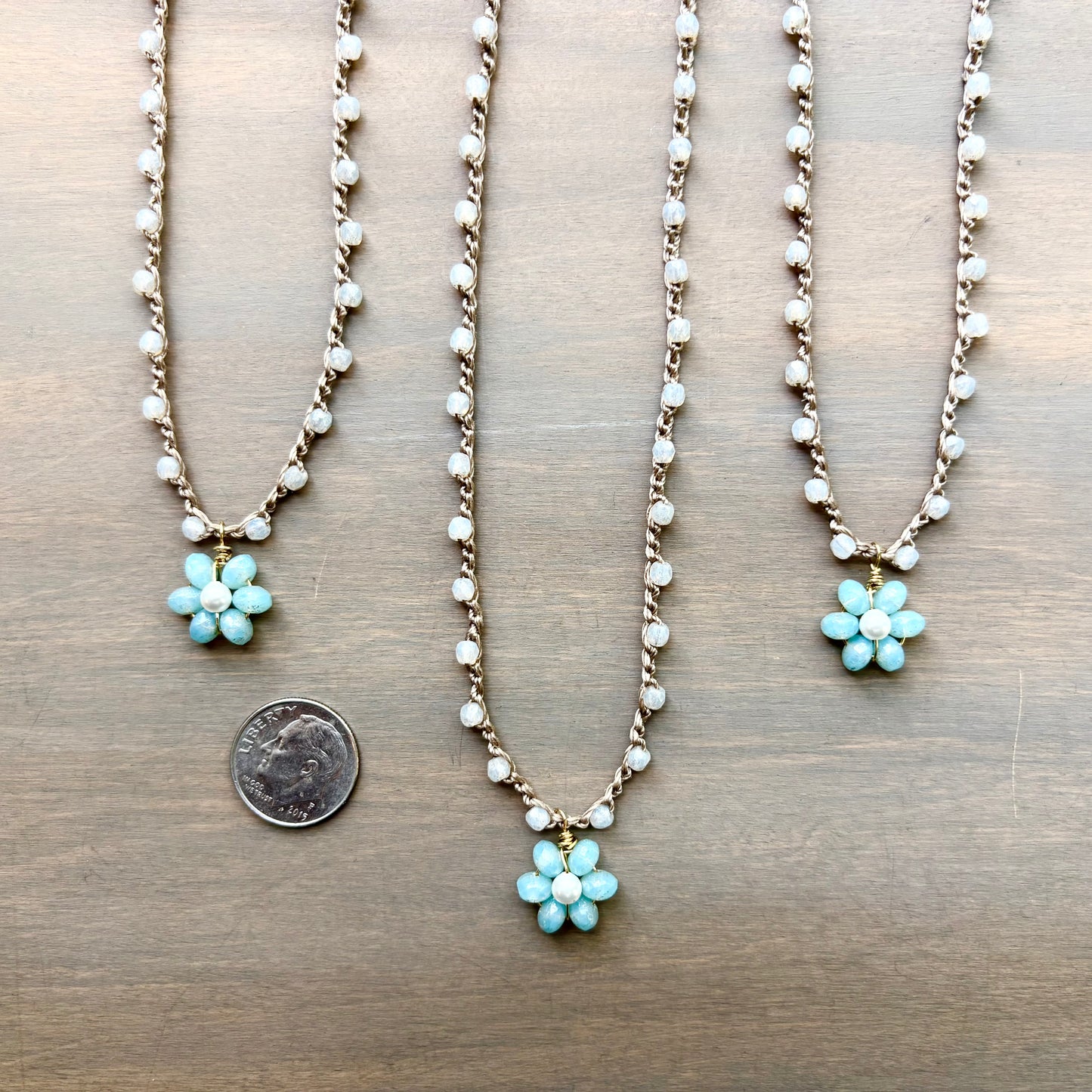 Blue Opal Beach Bloom Flower Crocheted Necklace