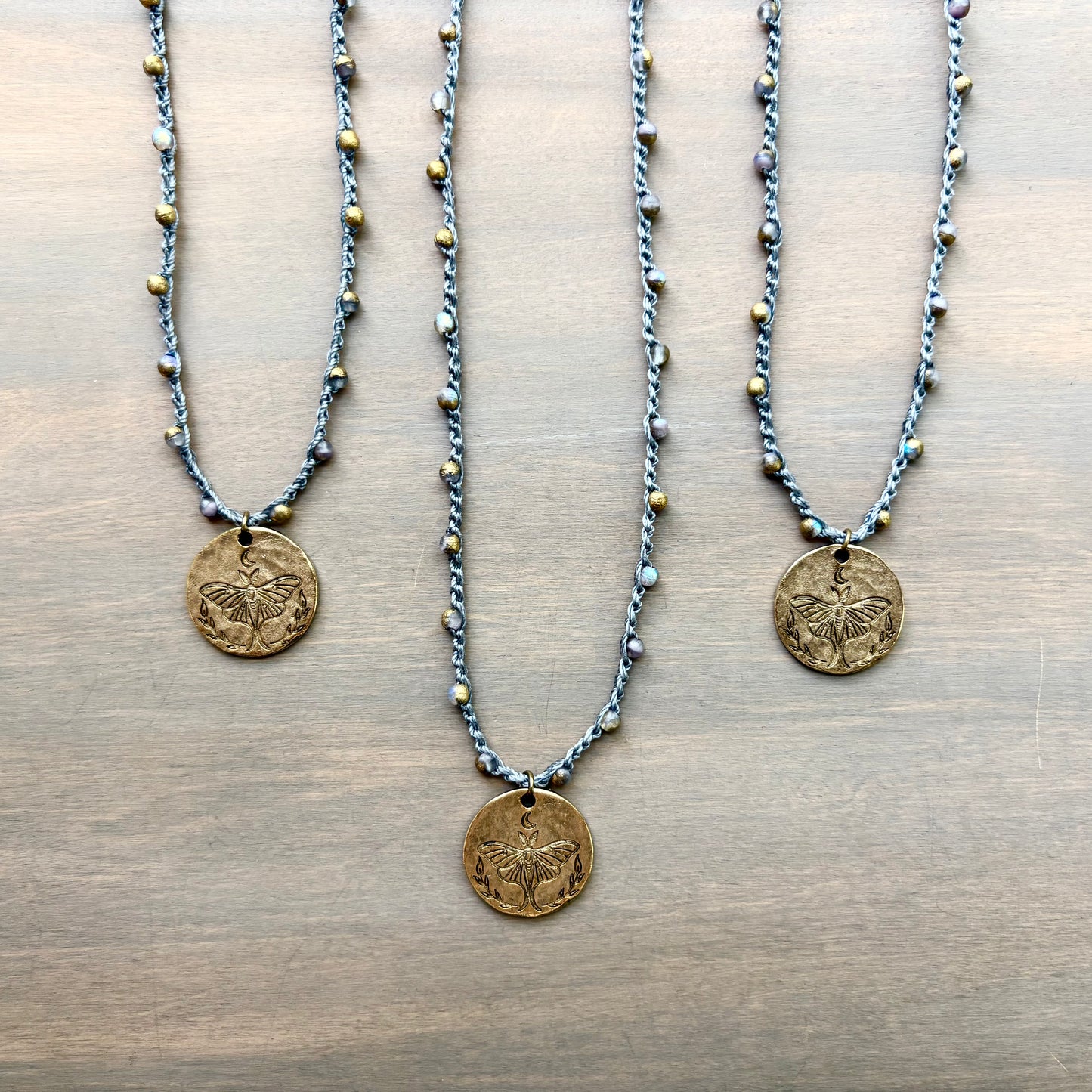 Galaxy Crystal Crocheted Necklace with Luna Moth Charm