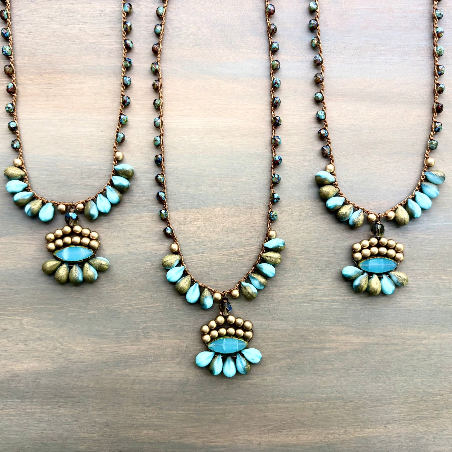 Golden Aqua Crystal Boho Beach Necklace With Crocheted Czech Crystal