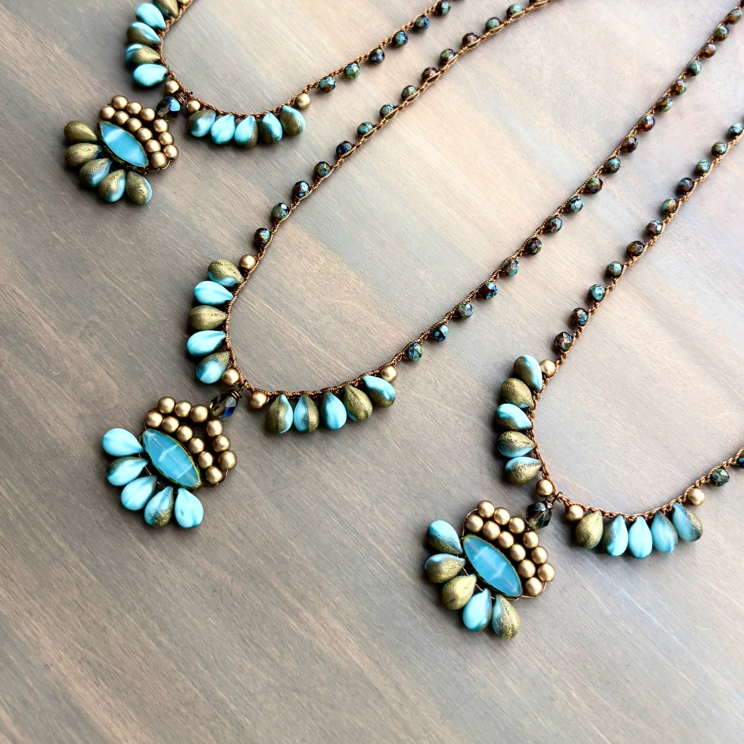 Golden Aqua Crystal Boho Beach Necklace With Crocheted Czech Crystal
