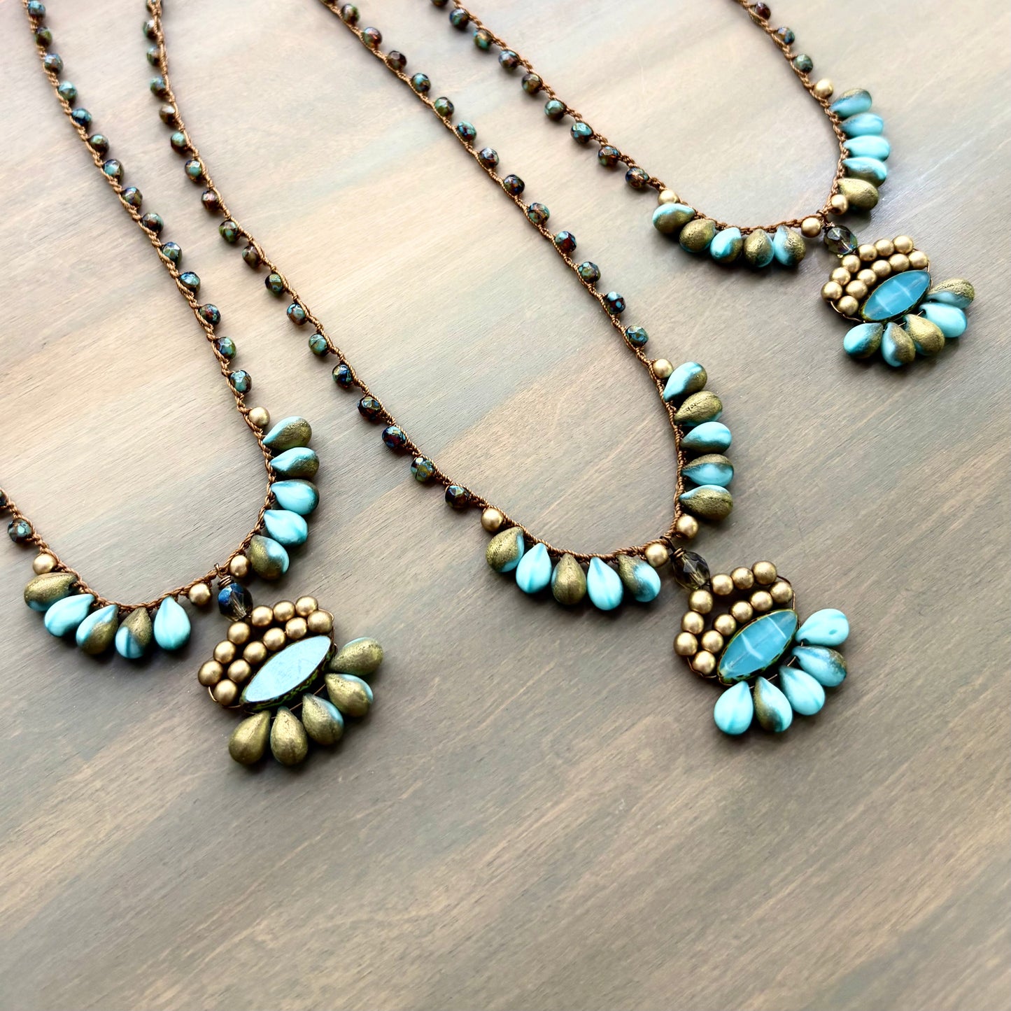 Golden Aqua Crystal Boho Beach Necklace With Crocheted Czech Crystal