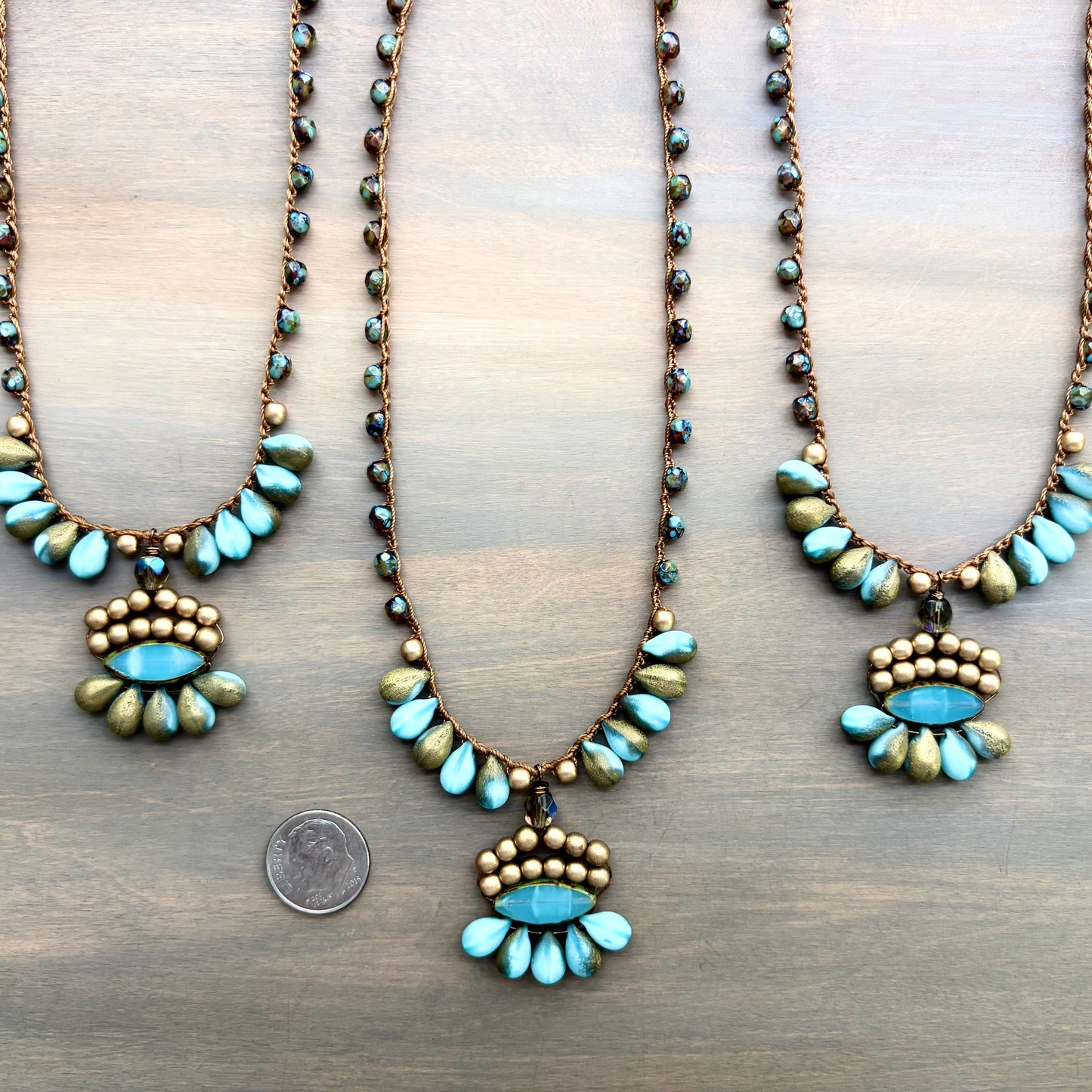 Golden Aqua Crystal Boho Beach Necklace With Crocheted Czech Crystal