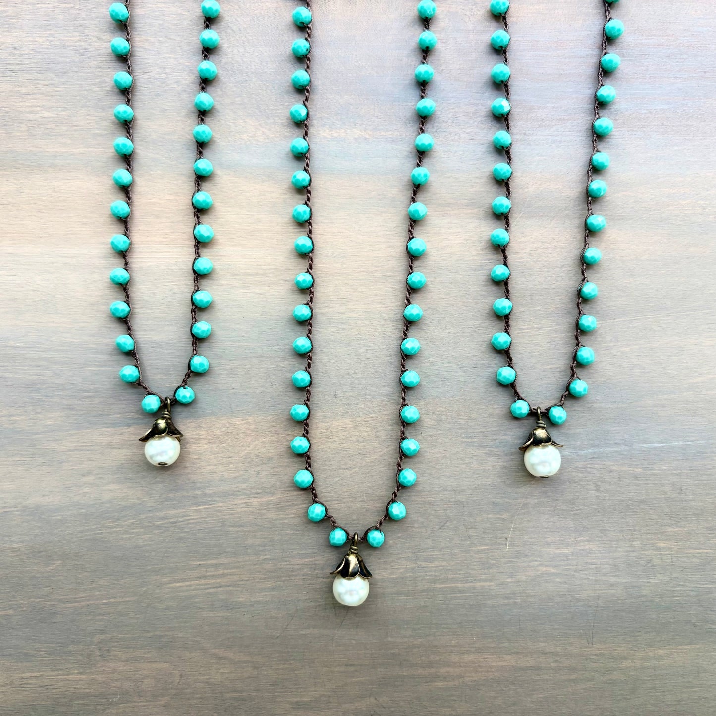 Tropical Aqua Crystal Beach Necklace With Glass Pearl Drop