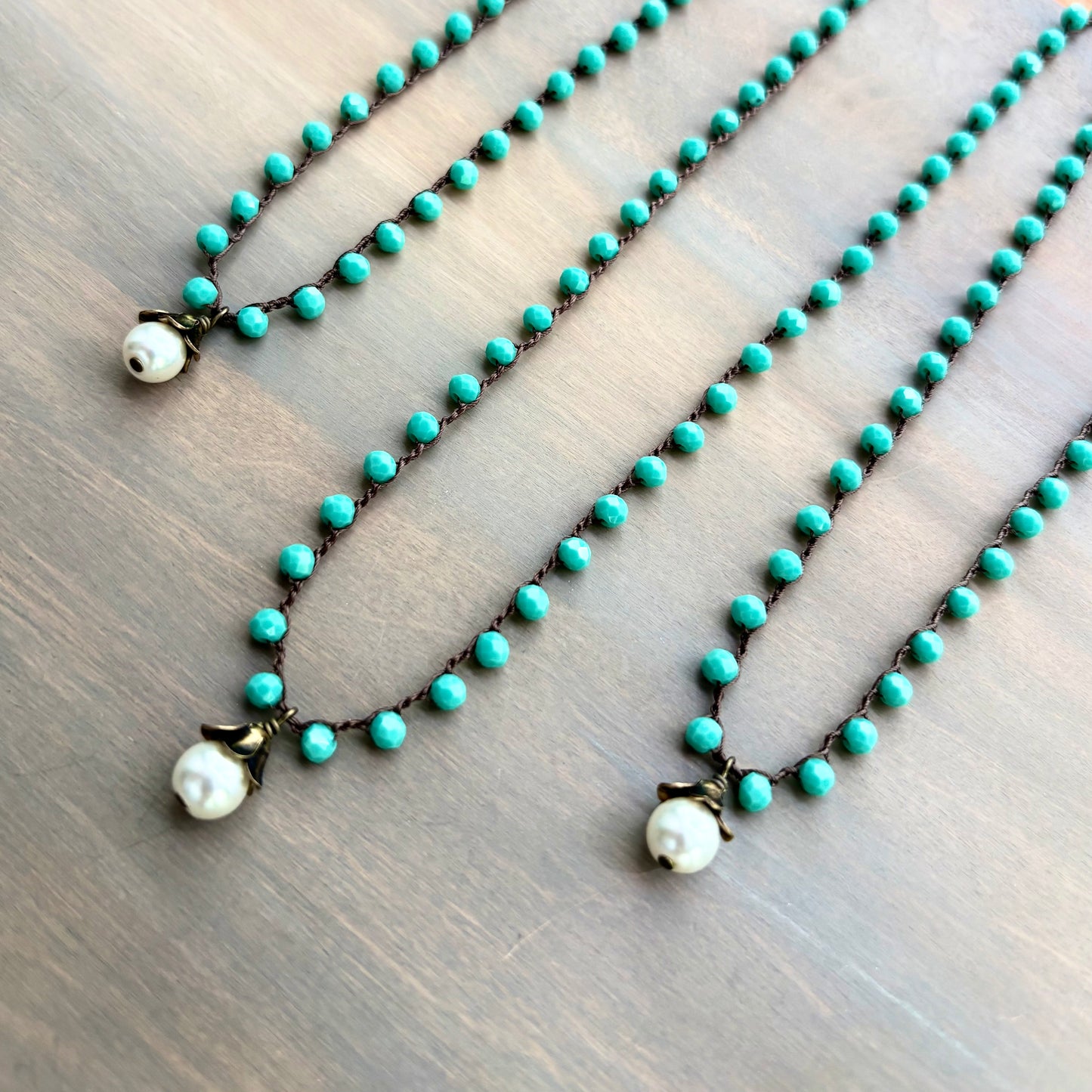 Tropical Aqua Crystal Beach Necklace With Glass Pearl Drop