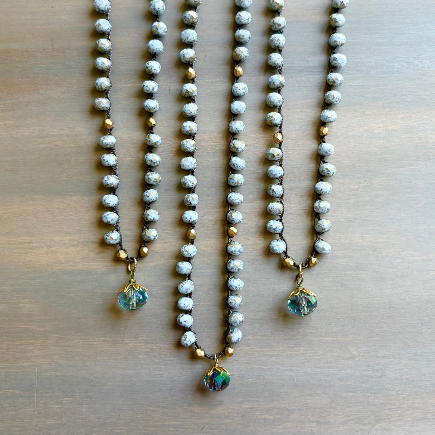 Sapphire Blue Drop With Cornflower Crocheted Crystal Necklace