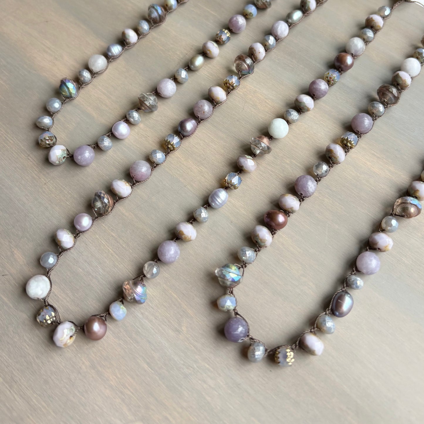 French Lavender Fields Crocheted Necklace With Freshwater Pearls and Semi Precious Stones