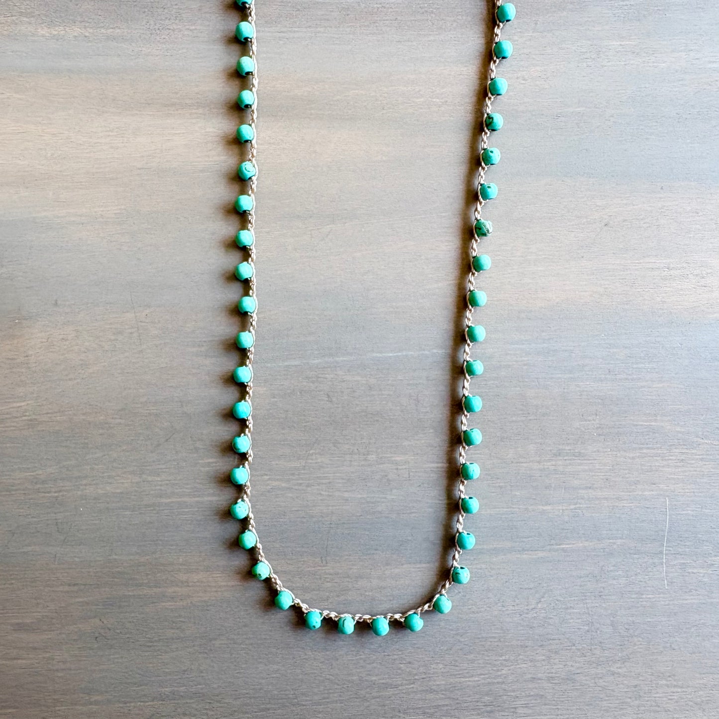 Long Turquoise Stone Crocheted Necklace Strand To Wrap Or Layer