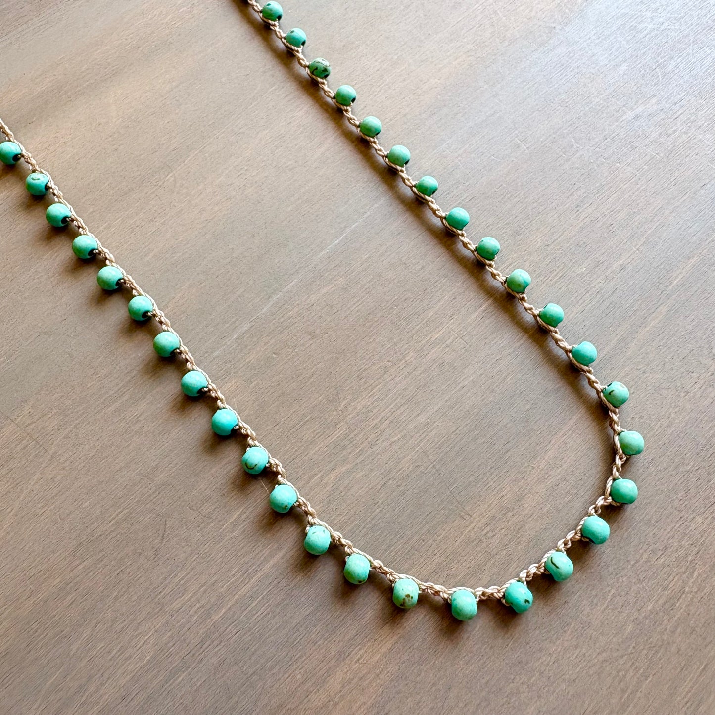 Long Turquoise Stone Crocheted Necklace Strand To Wrap Or Layer