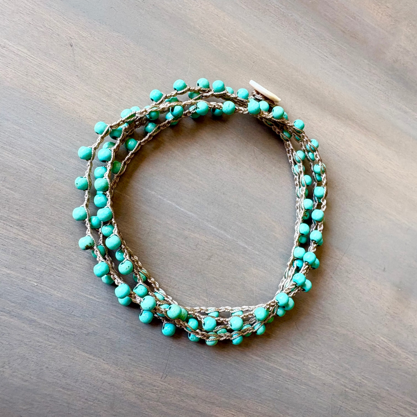 Long Turquoise Stone Crocheted Necklace Strand To Wrap Or Layer