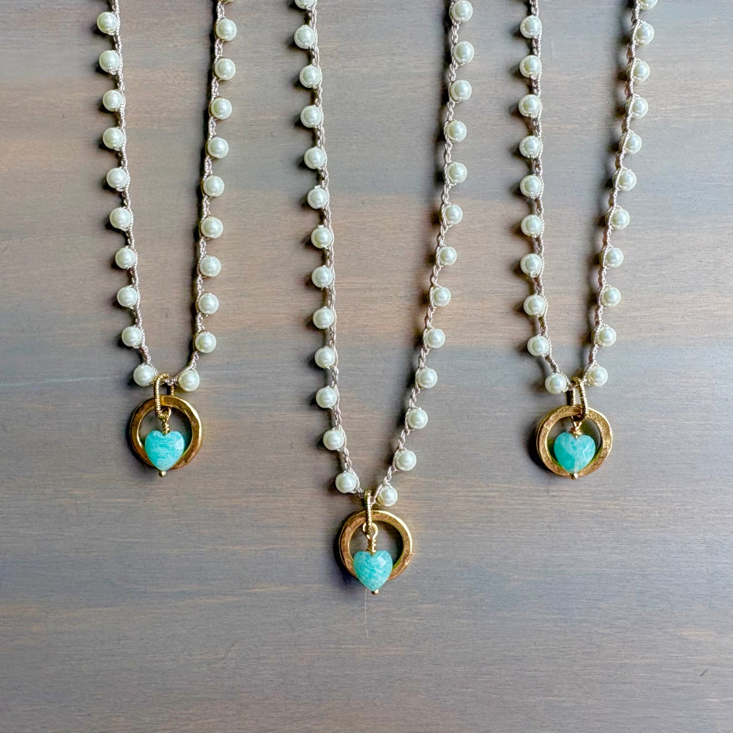 My Whole Heart Amazonite Drop Necklace With Crocheted Glass Pearls