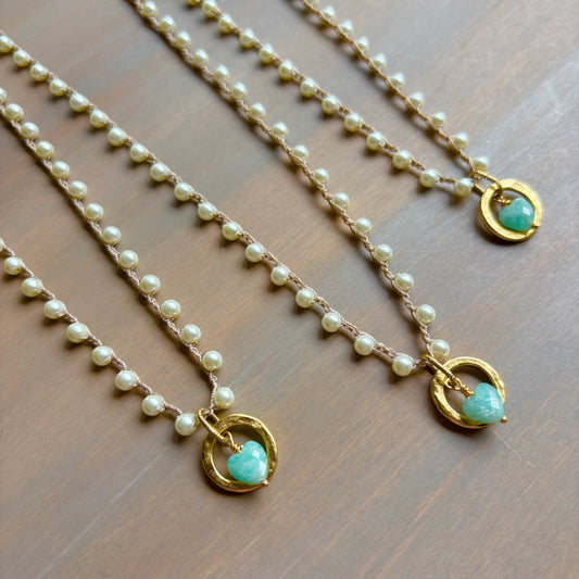 My Whole Heart Amazonite Drop Necklace With Crocheted Glass Pearls