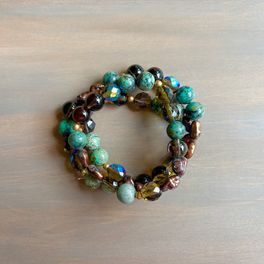 Turquoise, Freshwater Pearl, and Smoky Quartz Stretch Bracelet