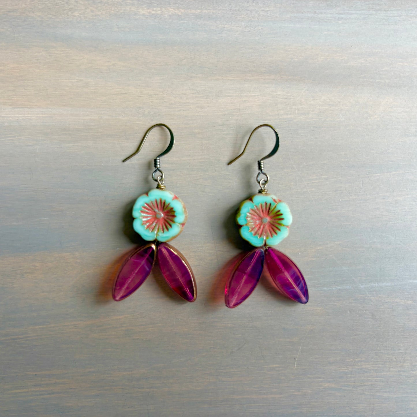Vintage Flora Crystal Flower Earrings In Aqua And Berry