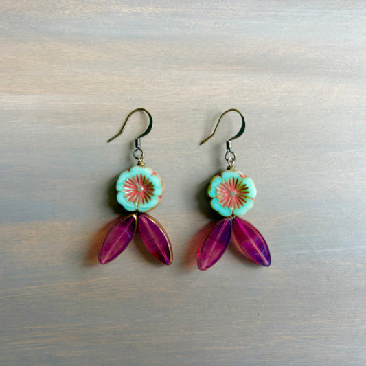Vintage Flora Crystal Flower Earrings In Aqua And Berry