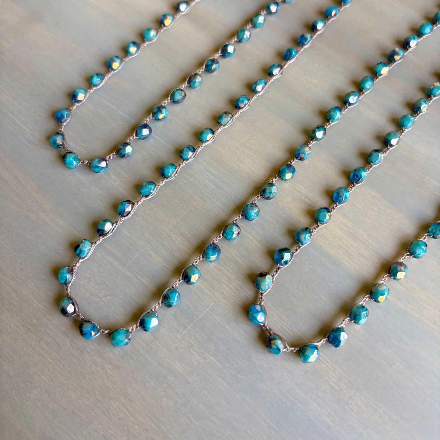 Deep Creek Blue Long Layering Crocheted Crystal Necklace