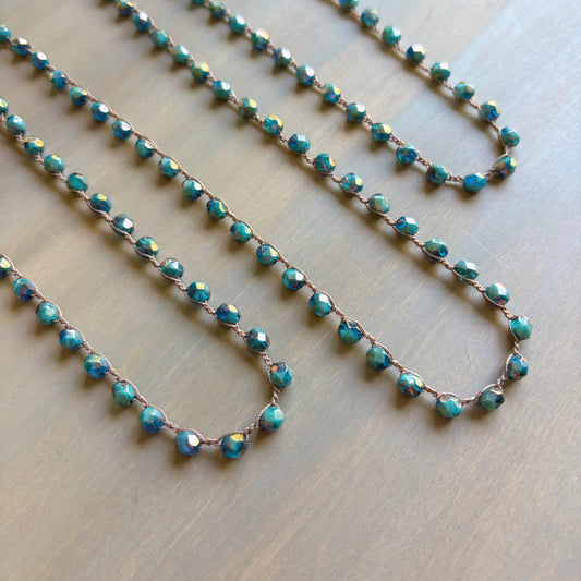 Deep Creek Blue Long Layering Crocheted Crystal Necklace
