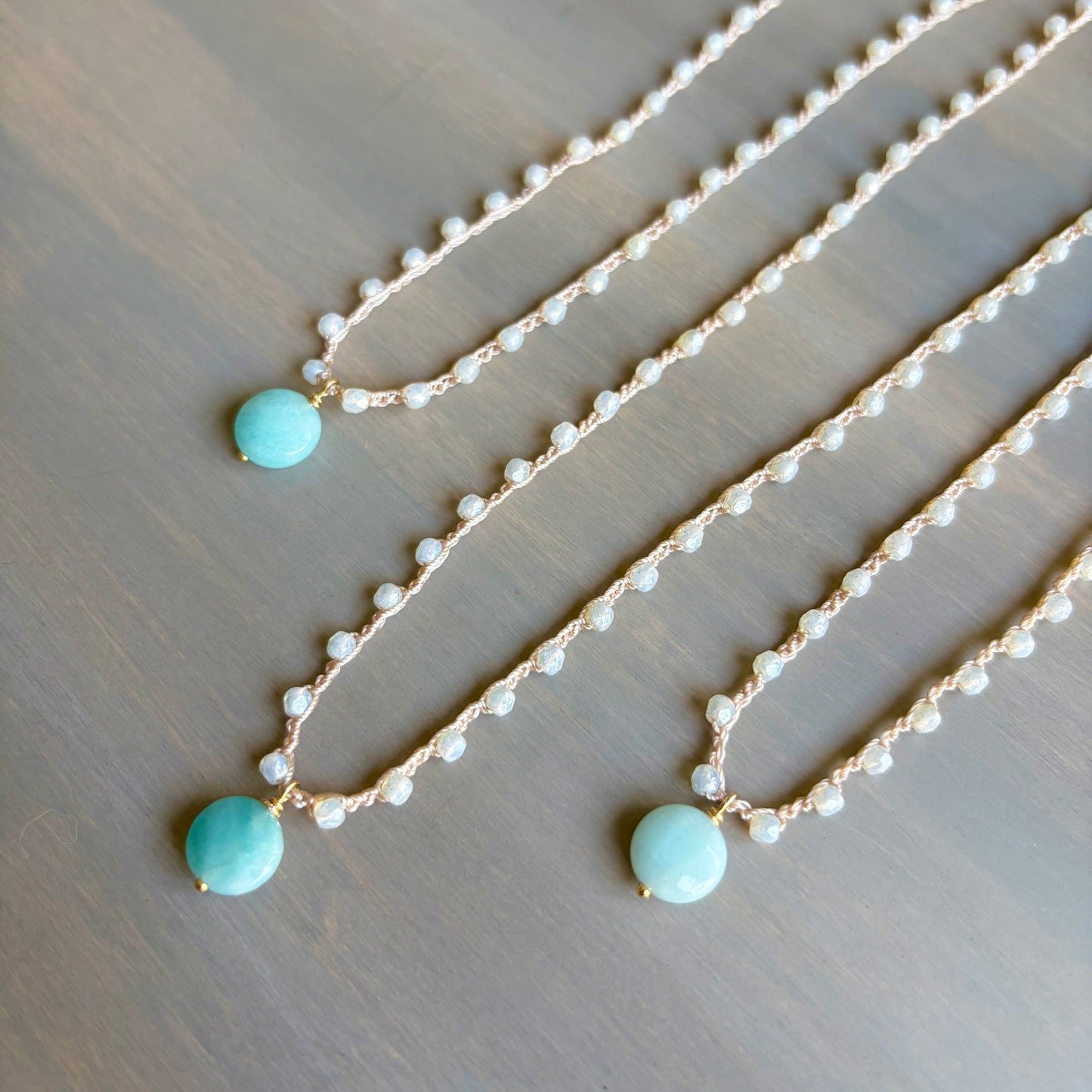 Amazonite Stone And Crystal Shimmer Crocheted Beach Style  Necklace