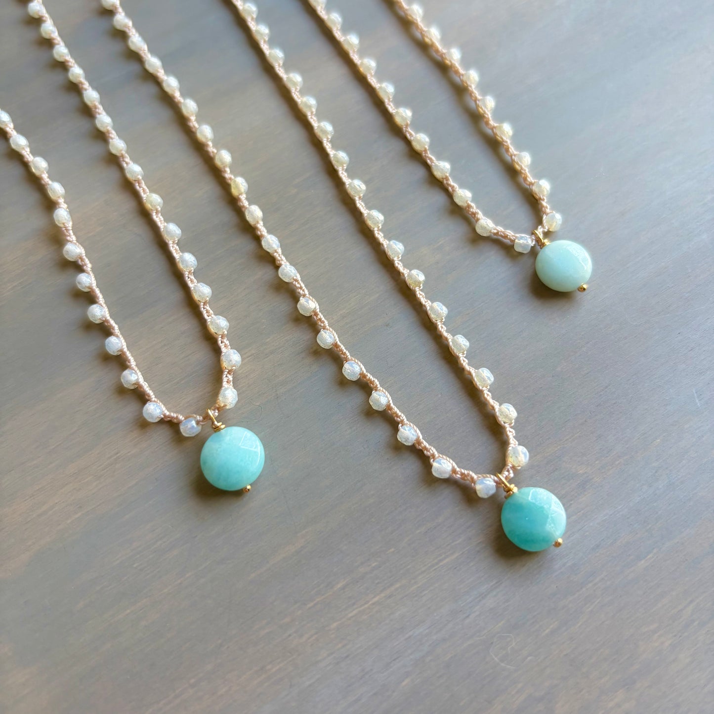 Amazonite Stone And Crystal Shimmer Crocheted Beach Style  Necklace