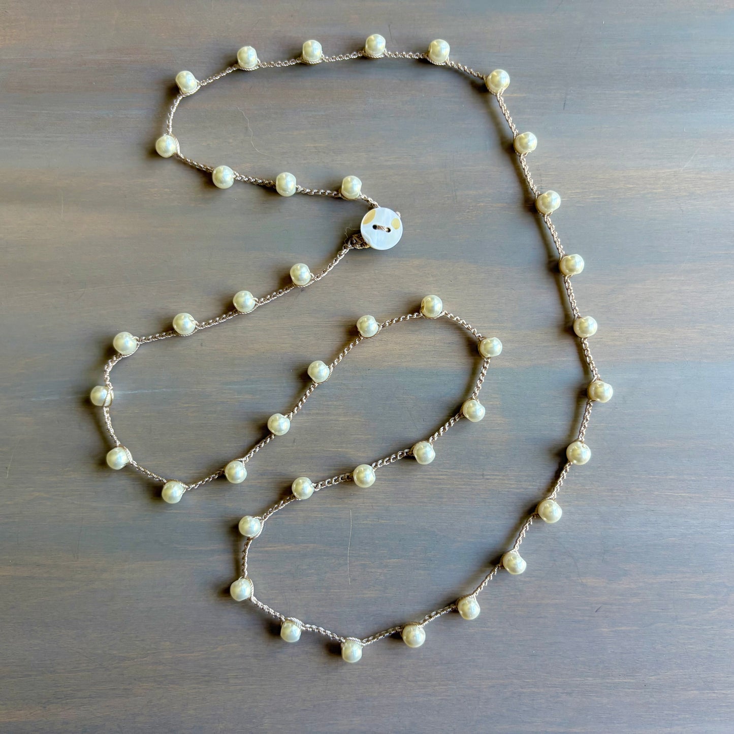 Long Glass Pearl Crocheted Necklace For Wrapping Or Layering 32" Long