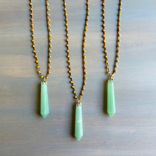 Green Aventurine Stone Point on Marigold Czech Crystal Crocheted Necklace