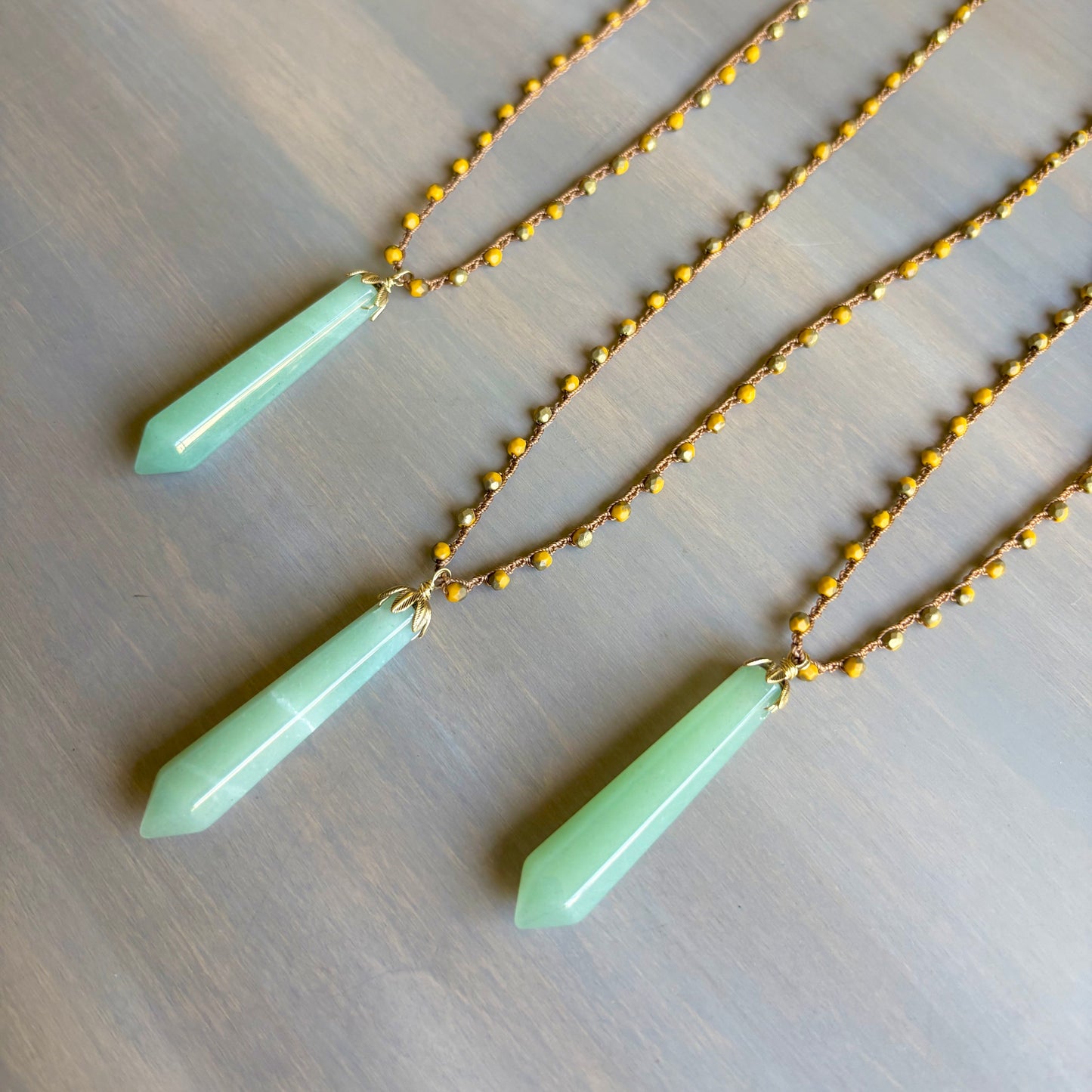 Green Aventurine Stone Point on Marigold Czech Crystal Crocheted Necklace
