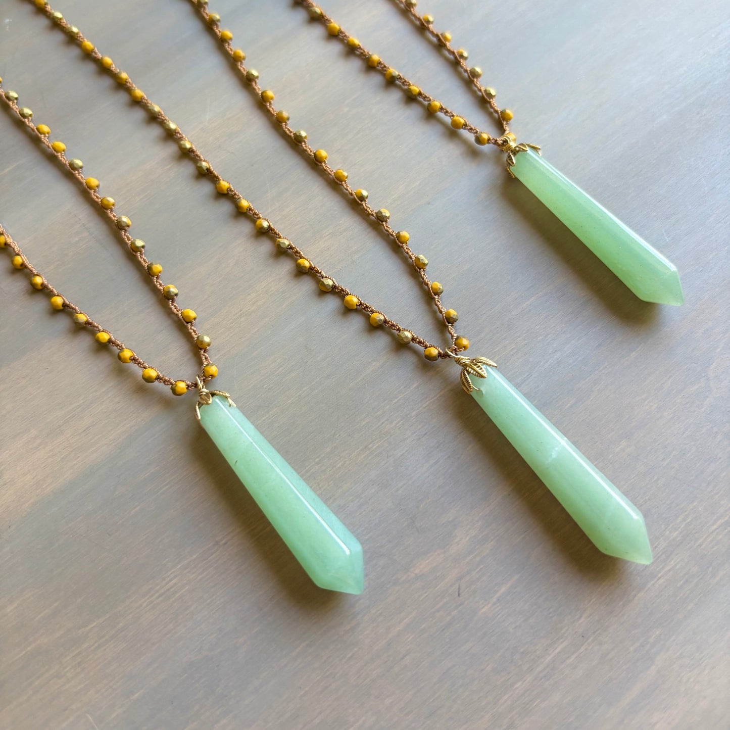 Green Aventurine Stone Point on Marigold Czech Crystal Crocheted Necklace