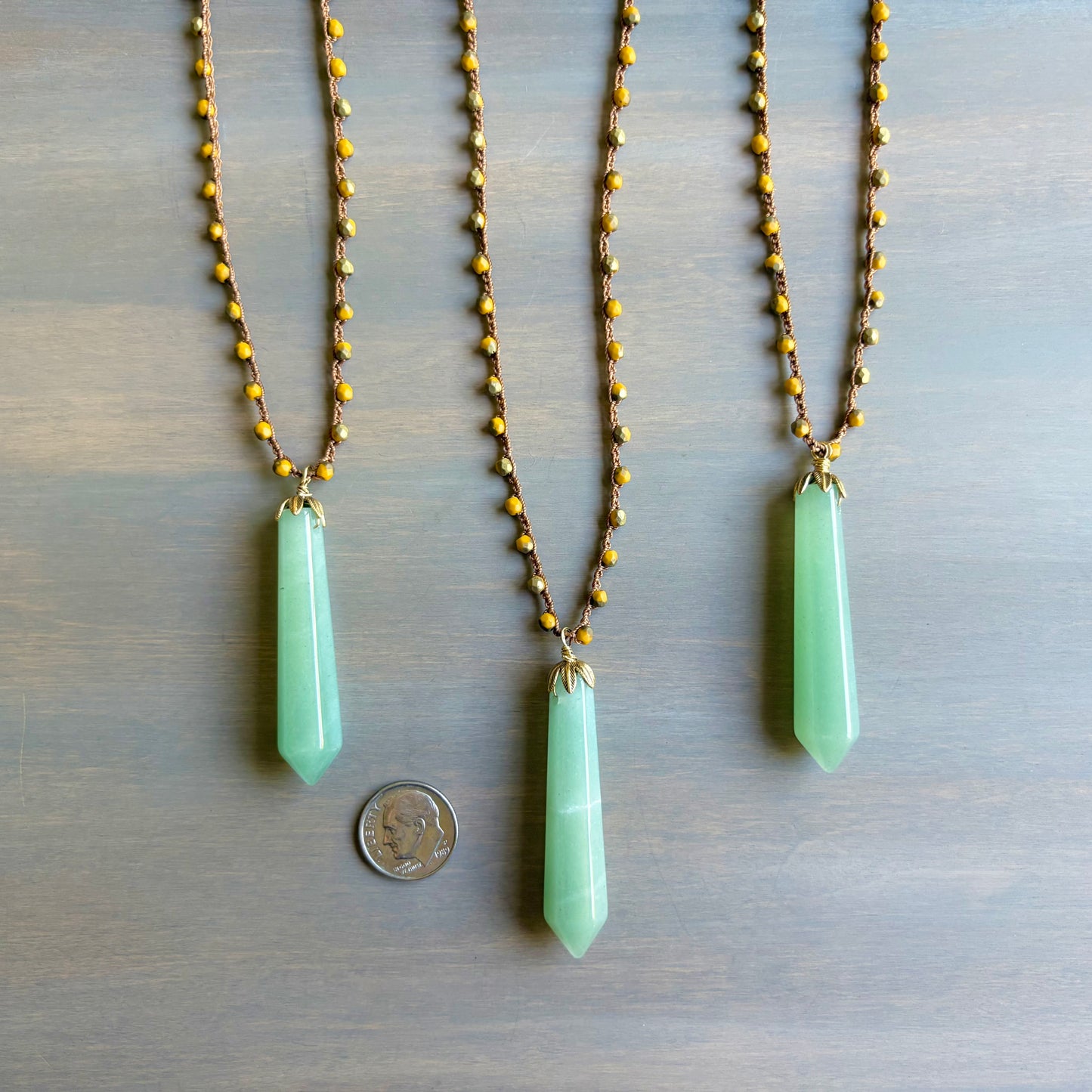 Green Aventurine Stone Point on Marigold Czech Crystal Crocheted Necklace