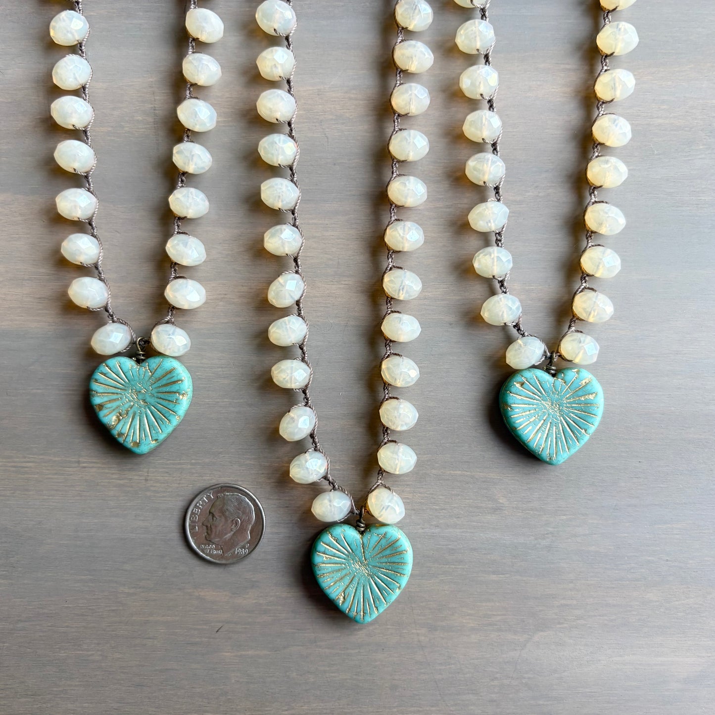 Aqua Starburst Heart Pendant Necklace With Crocheted Peach Opal Crystal