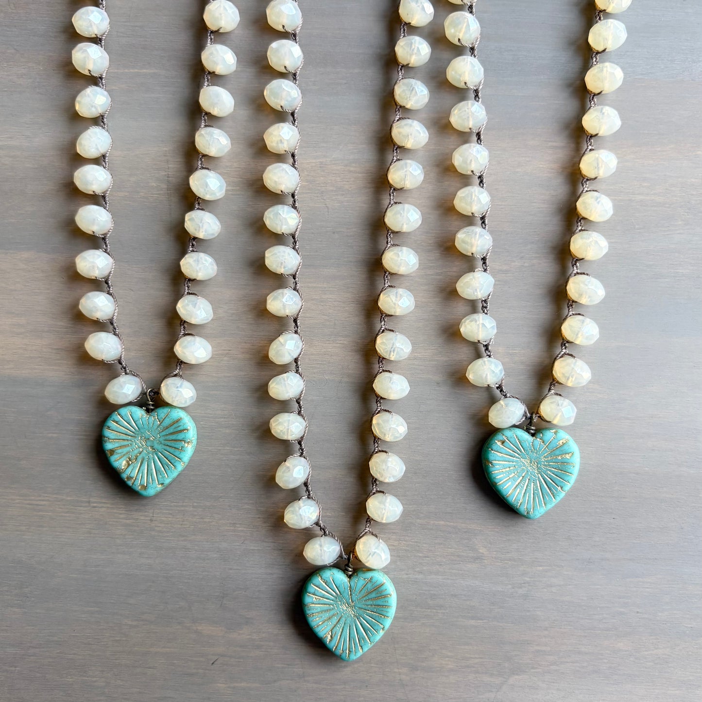 Aqua Starburst Heart Pendant Necklace With Crocheted Peach Opal Crystal