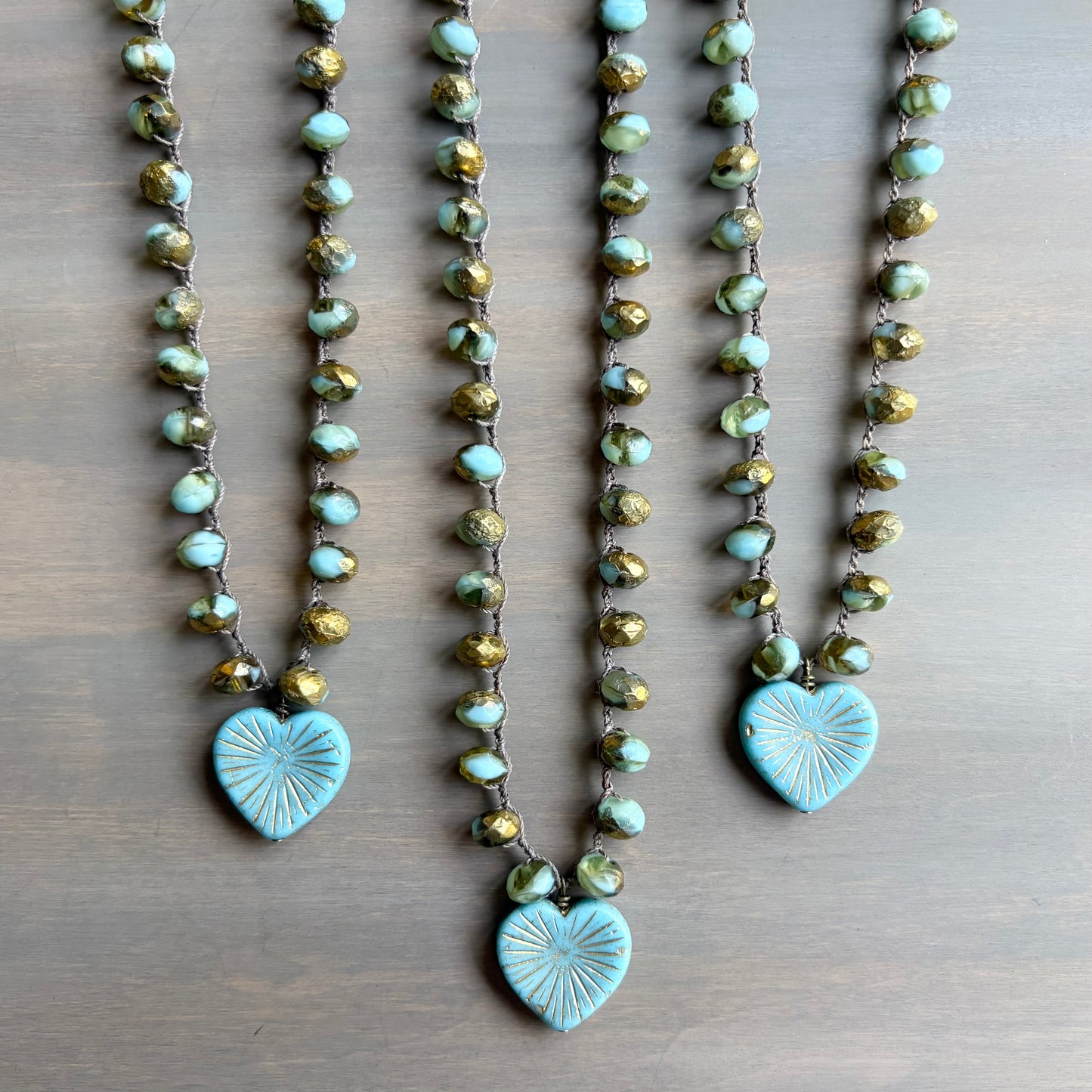 Golden Sky Blue Starburst Heart Necklace With Crocheted Czech Crystal