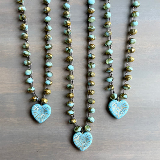 Golden Sky Blue Starburst Heart Necklace With Crocheted Czech Crystal
