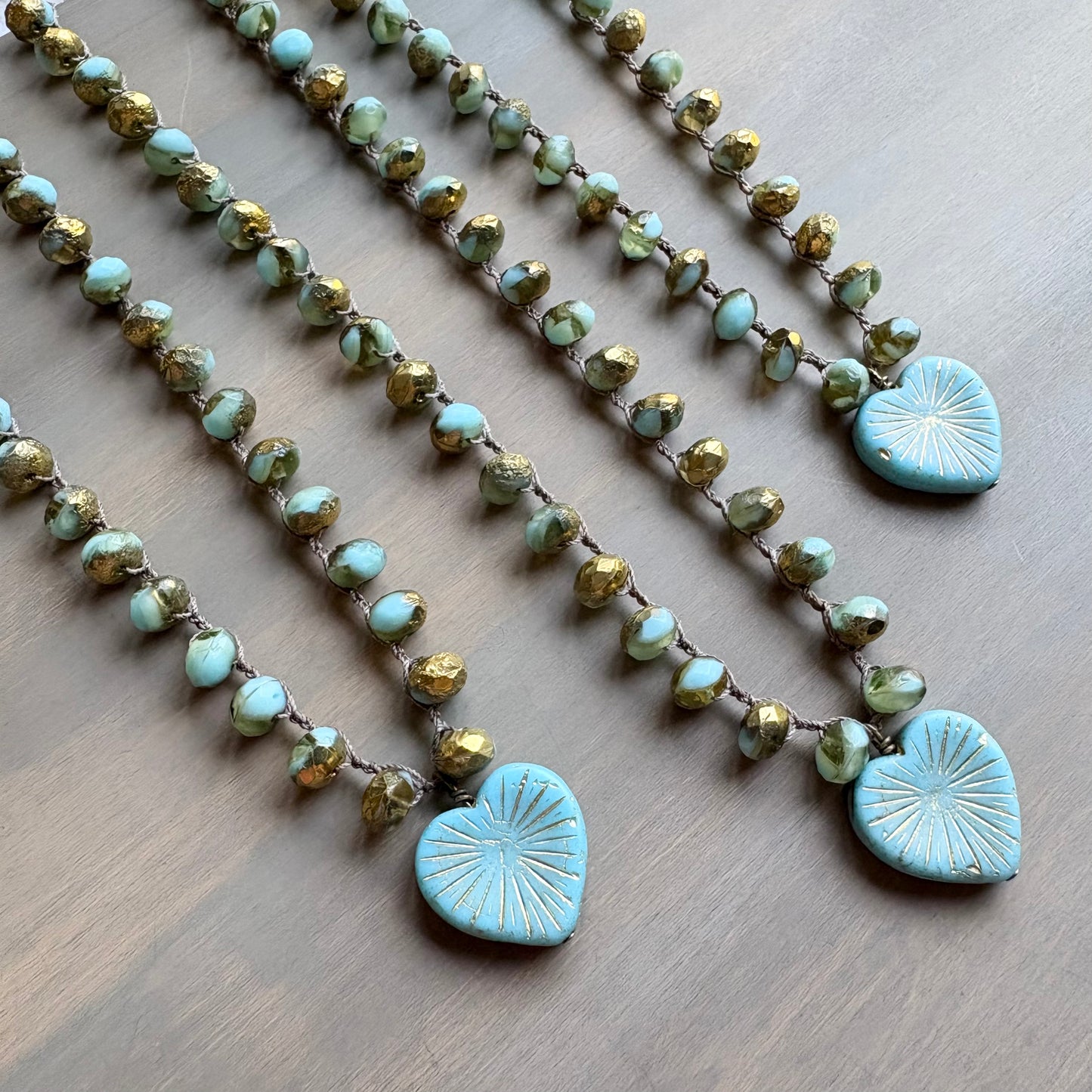 Golden Sky Blue Starburst Heart Necklace With Crocheted Czech Crystal