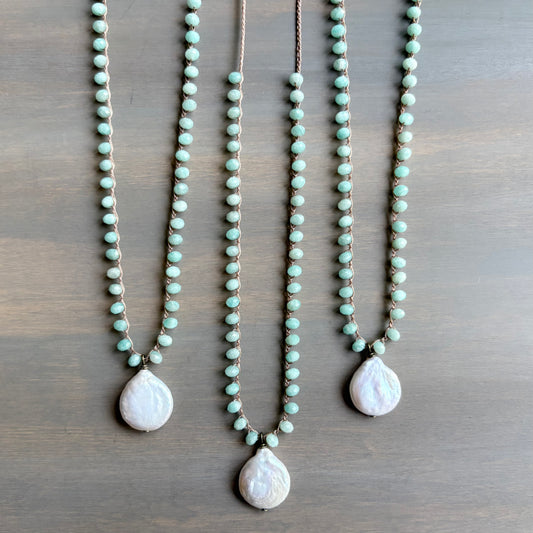 Freshwater Coin Pearl Pendant Crocheted With Amazonite Stones