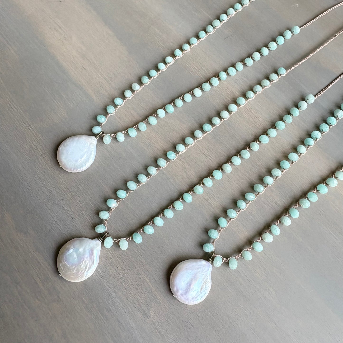 Freshwater Coin Pearl Pendant Crocheted With Amazonite Stones