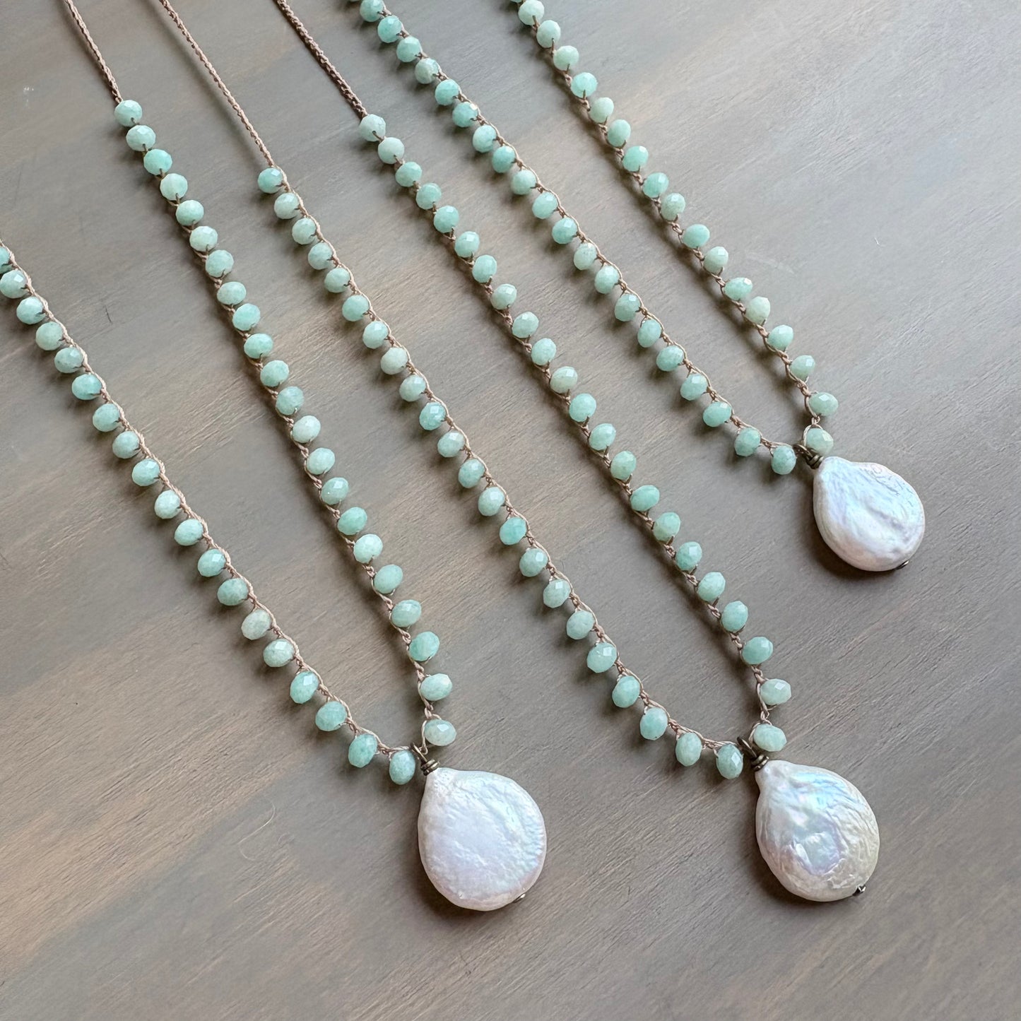 Freshwater Coin Pearl Pendant Crocheted With Amazonite Stones