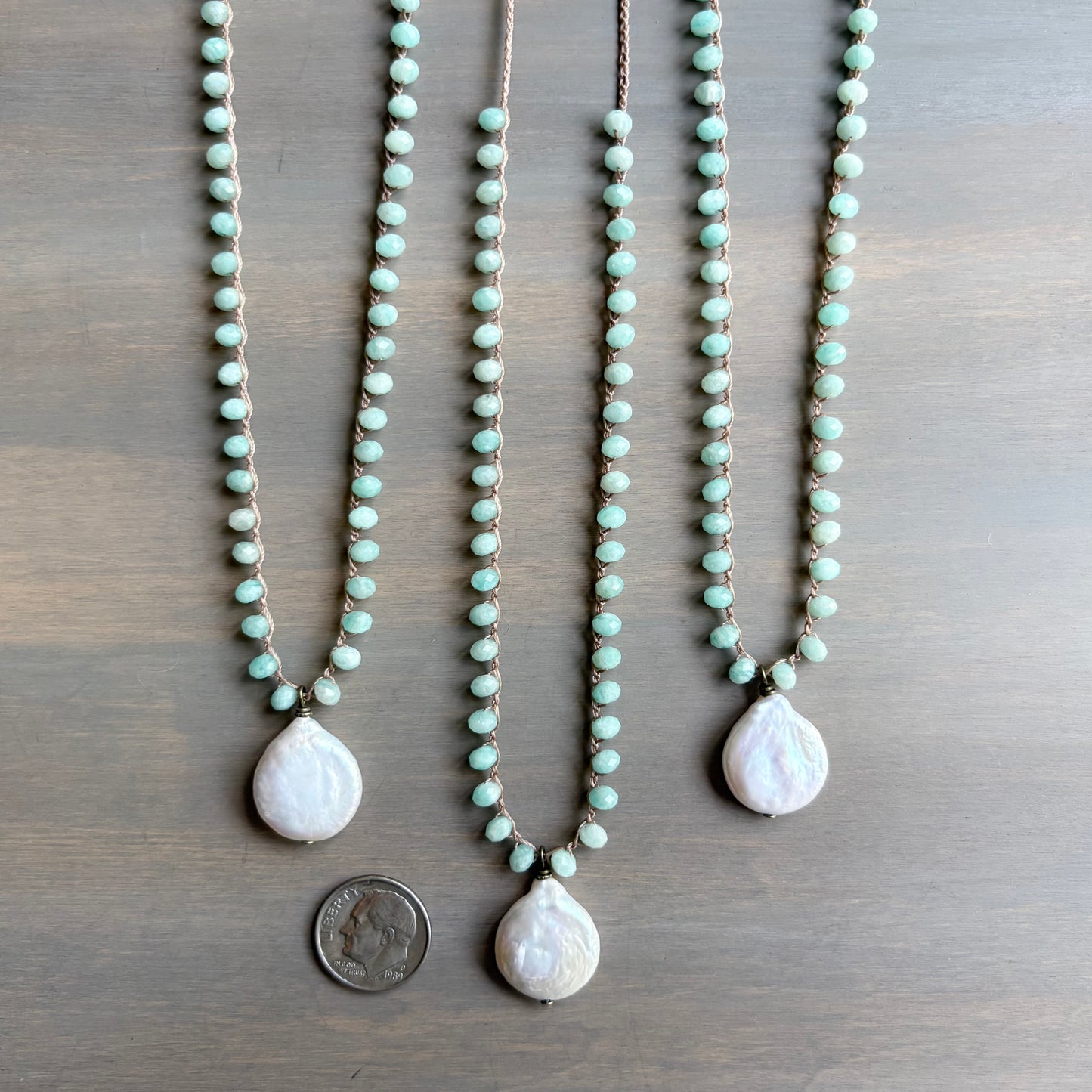 Freshwater Coin Pearl Pendant Crocheted With Amazonite Stones