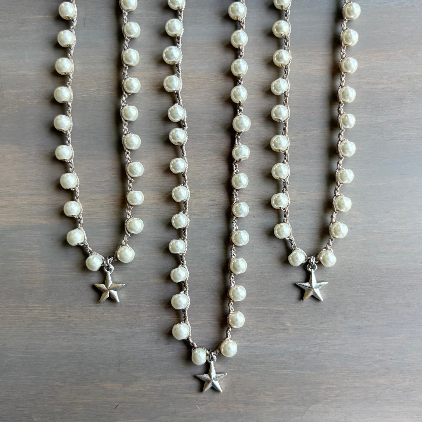 Silver Guiding Star Pendant Necklace With Crocheted Glass Pearl Strand
