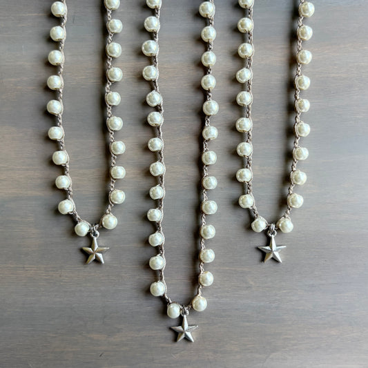 Silver Guiding Star Pendant Necklace With Crocheted Glass Pearl Strand