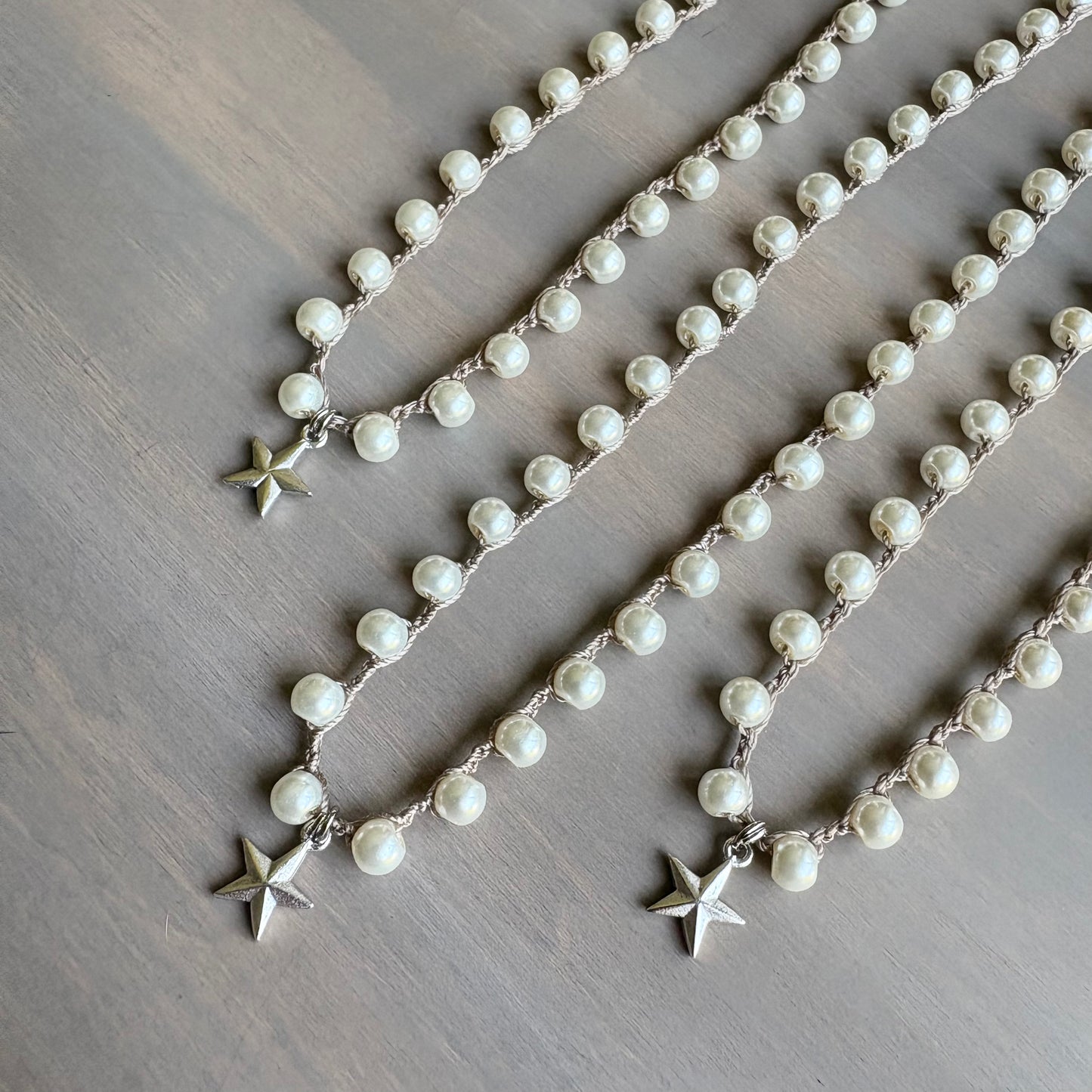 Silver Guiding Star Pendant Necklace With Crocheted Glass Pearl Strand