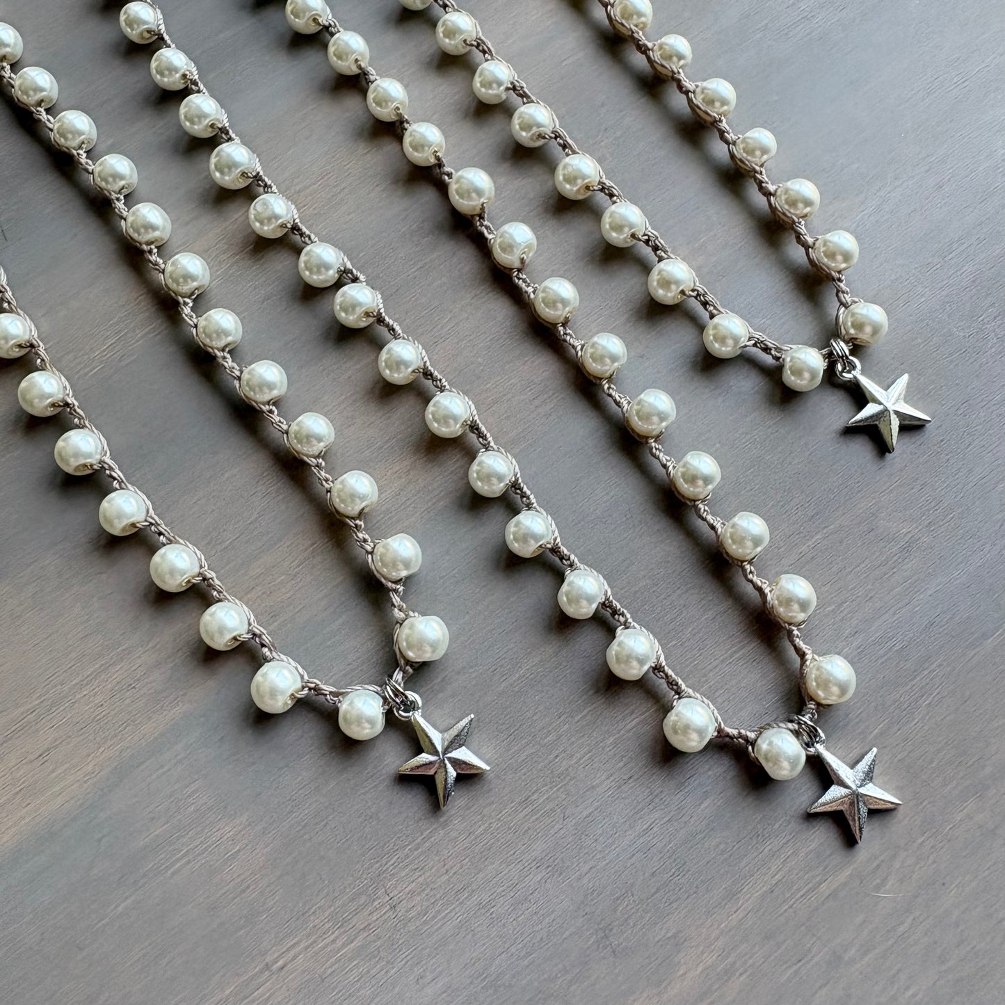 Silver Guiding Star Pendant Necklace With Crocheted Glass Pearl Strand