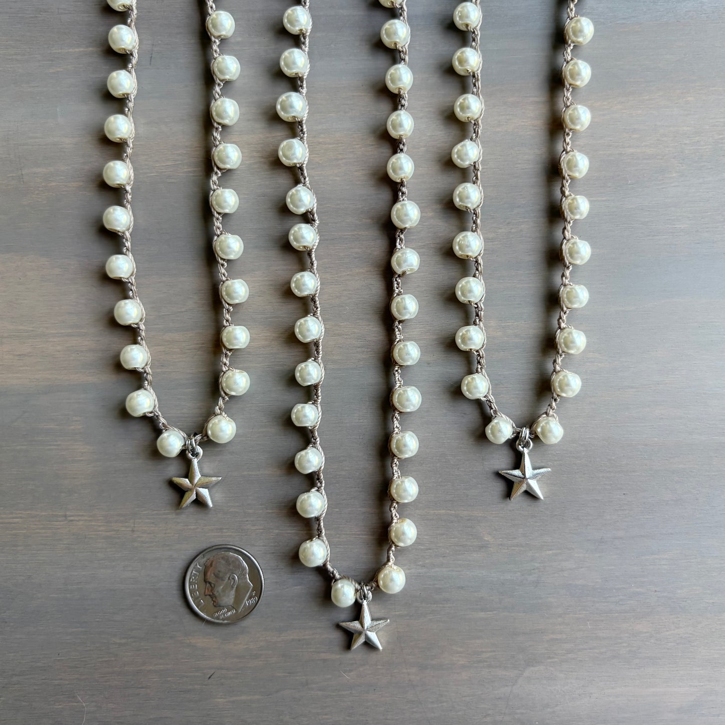 Silver Guiding Star Pendant Necklace With Crocheted Glass Pearl Strand