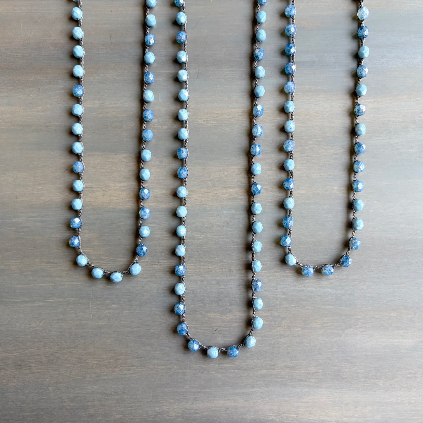 Denim Blues Long Layering Crocheted Crystal Necklace